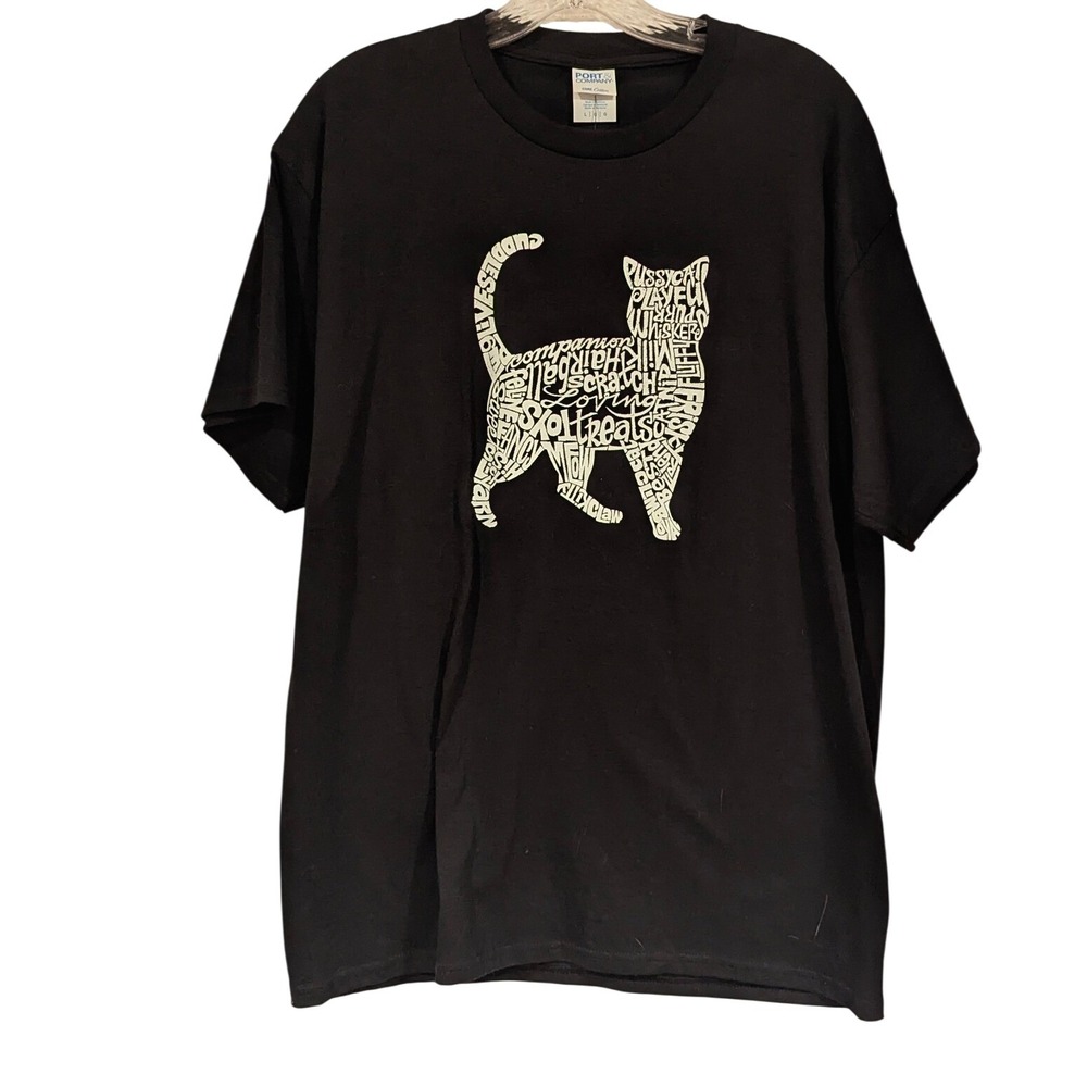 LA Pop Art Cat Word Art T-Shirt Sz L Black Graphic Tee Typography Pet Lover Gift